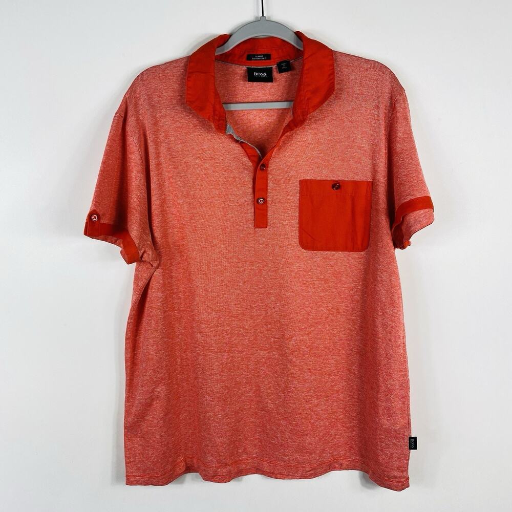 Hugo Boss Polo Shirt Men's XL Orange Slim Fit Cotton Linen Short Sleeve